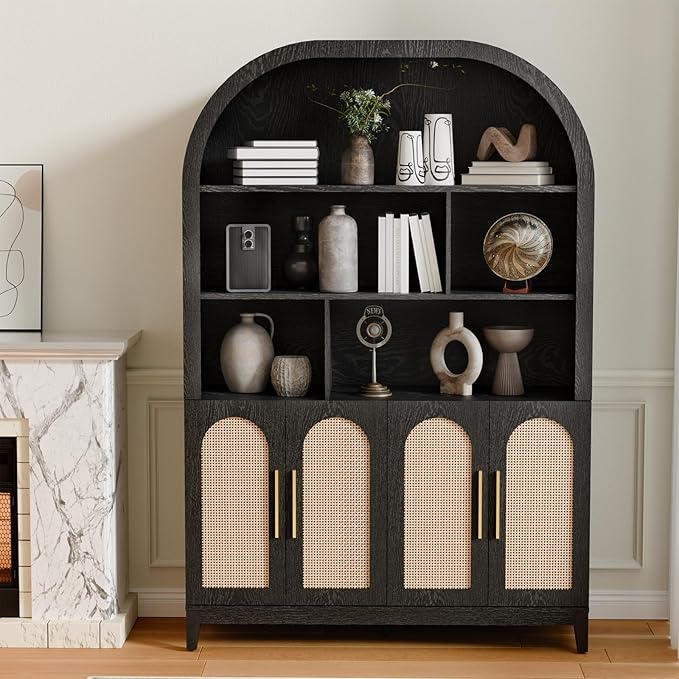 71" Tall Wide Arched Storage Cabinet, 5-Tier Rattan-Door Bookcase with Divider Shelf & Gold Pull Handles, Wood Versatile Pantry Organizer for Living Room/Kitchen/Office, Black