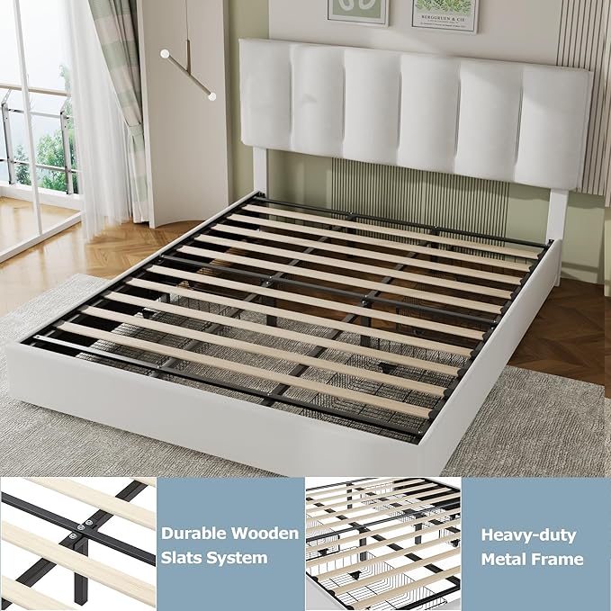 VECELO King Size Bed Frame with 4 Storage Drawers, Adjustable Height Headboard, Heavy-Duty Bedframe with Strong Wooden Slats, No Box Spring Needed, Pure White
