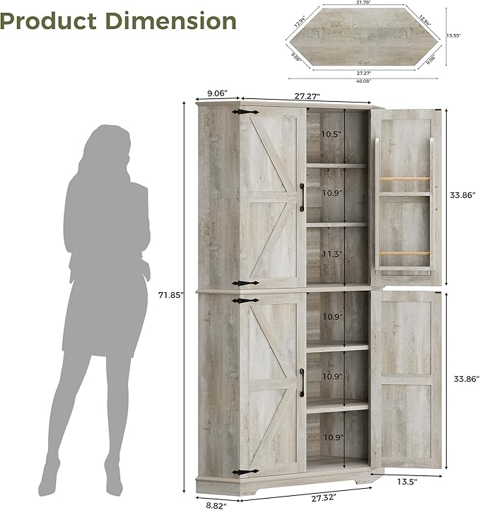 IRONCK Corner Cabinet, 72" Kitchen Pantry Cabinet, 6-Tier Farmhouse Pantry with 2 Adjustable Shelves, 240° Swivel Doors, 2 Doors Storage, Spacious Hutch for Kitchen, Living Room, Rustic Maple
