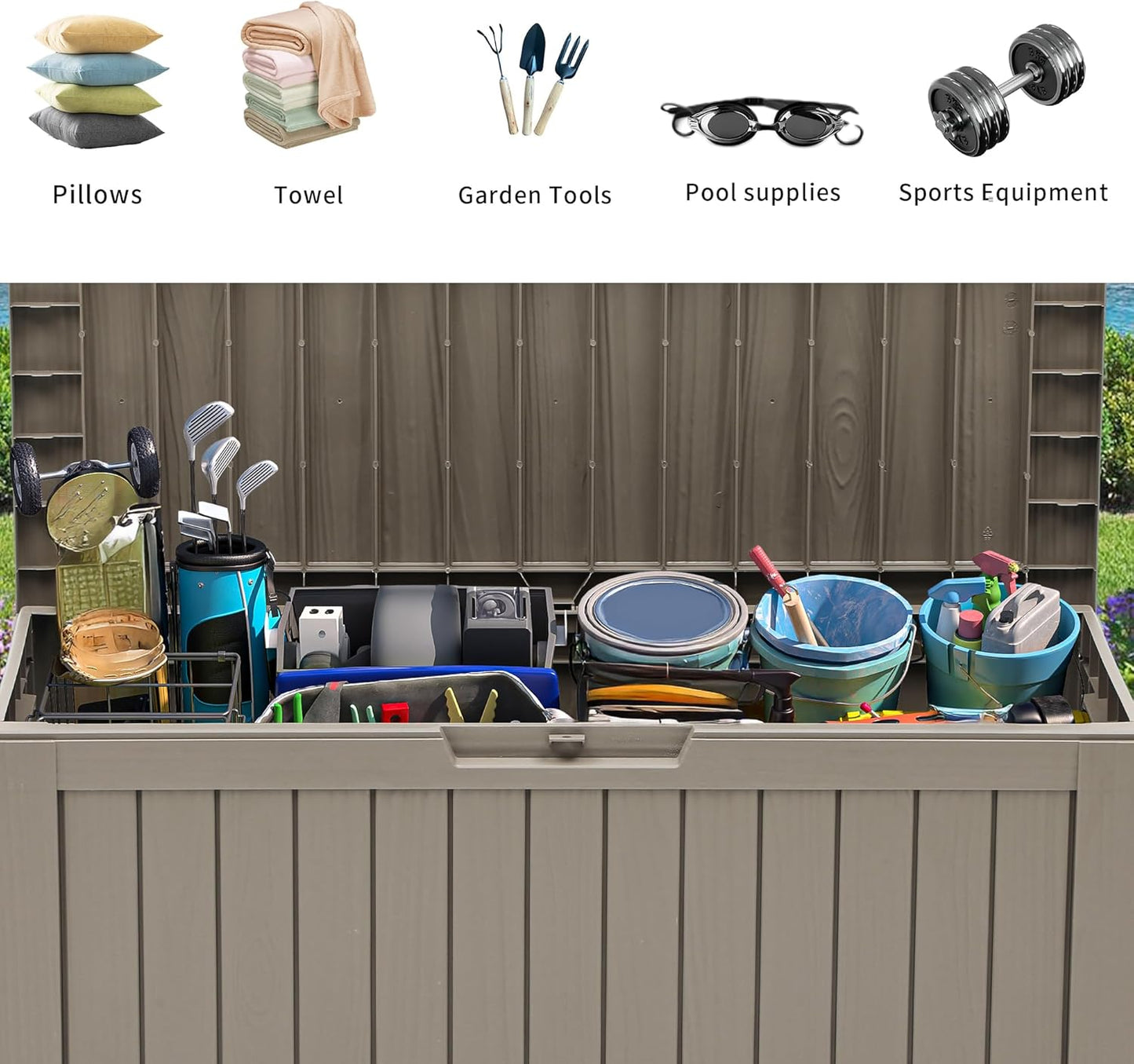 YITAHOME 72 Gallon Outdoor Resin Deck Box with Wheels, Pool Storage Box for Outdoor Cushions, Sports Equipment, Garden Tools, Light Brown