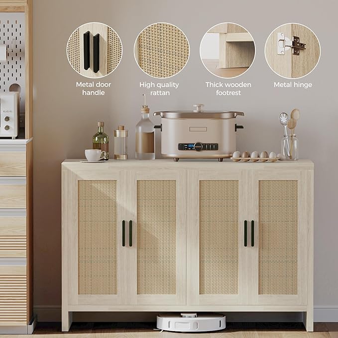 Mericonia Rattan Buffet Cabinet with Storage, Sideboard with Doors, Console Table, Farmhouse Coffee Bar, Modern Wood Long Cabinets (Oak)