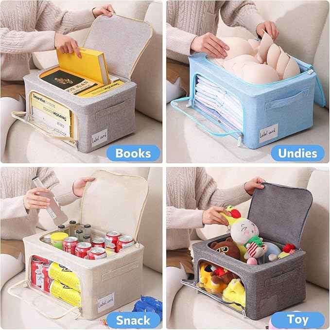 CYhom Clothes Storage Bins Box - Linen Fabric Foldable Stackable Container Organizer Set with Clear Window & Carry Handles & Metal Frame - 2Pack Large Capacity for Bedding, Blankets, Books
