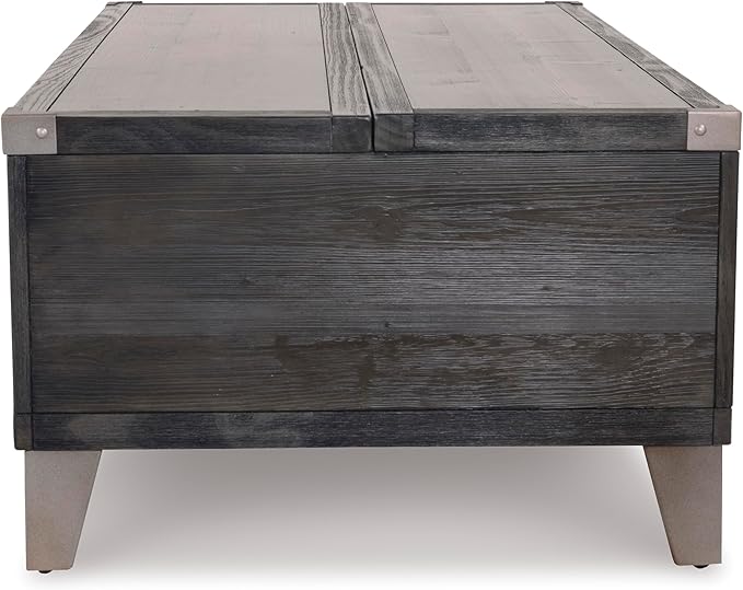 Signature Design by Ashley Todoe Industrial Spring-Lift Top Coffee Table, 2 Storage Drawers, Metal Legs, Wood, 54.38" W x 28.5" D x 18.25" H, Dark Gray & Weathered Pine Finish
