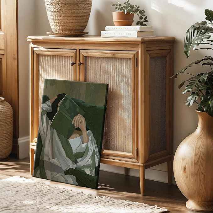 Emerald Green Reading Woman Canvas Wall Art Abstract Cozy People Wall Decor Pictures Minimalist Green Feminine Aesthetic Poster Print for Bedroom Living Room Home Decoration 12x16in