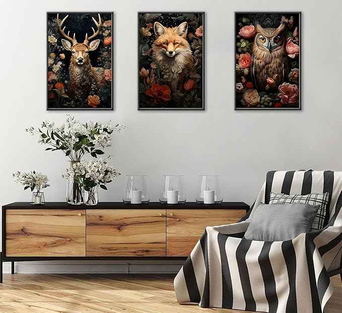 Magical Forest Animal Canvas Wall Art Flowers And Wild Animals Prints Wall Decor Dark Cottagecore Posters Gothic Vintage Botanical Floral Painting Picture Nature Room Decor Bedroom Decoration Unframed