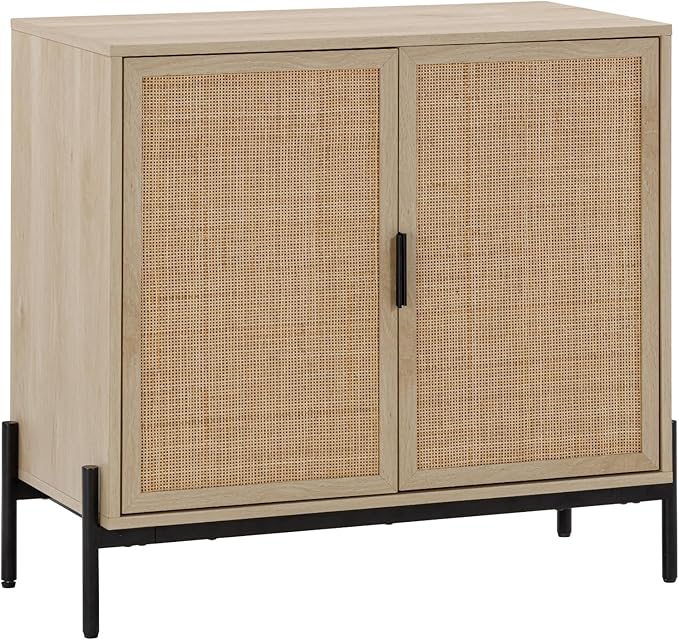 Nathan James Andrew Bohemian Entryway Storage Cabinet or Kitchen Sideboard Credenza, Rattan Accent Cabinet with Metal Legs, Light Oak/Matte Black