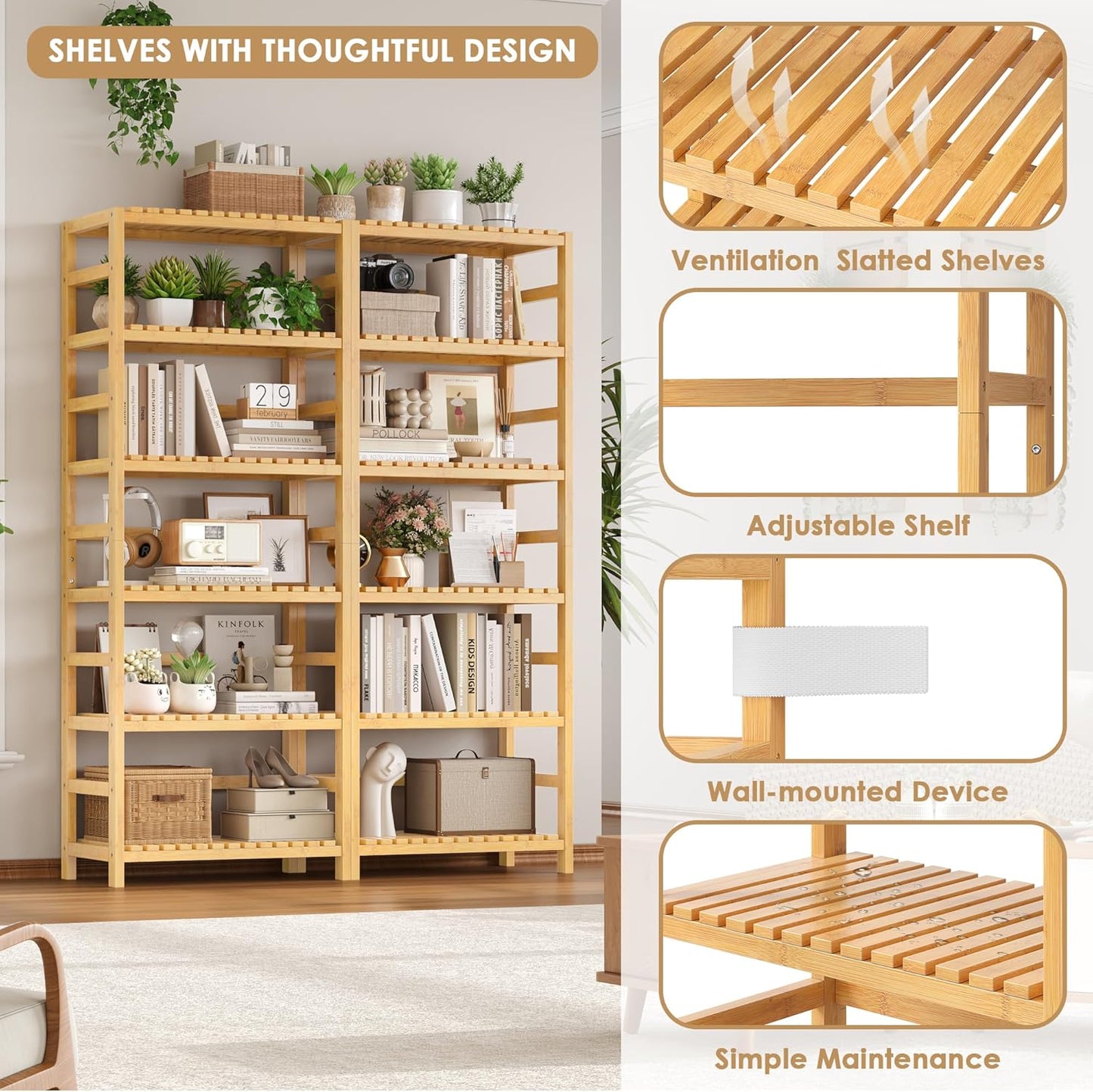 FOTOSOK 6-Tier Bamboo Shelf, Bamboo Bookcase with Adjustable Shelves, Free Standing Storage Shelf Unit, Plant Flower Stand for Kitchen, Bathroom, Home Office, Natural - Décor Diaries
