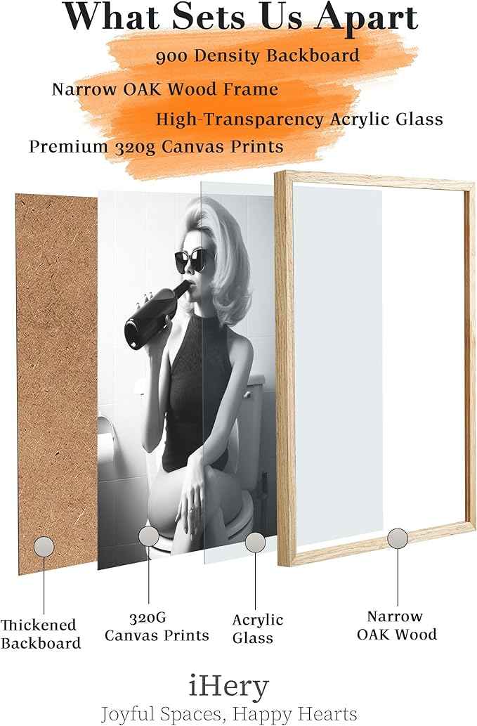 iHery Natural Wood Framed Woman On Toilet Drinking Wine Wall Art, 12x16in OAK Frame Black and White Funny Print, Alcohol Bathroom Poster, Retro Fashion Wall Decor Set of 1