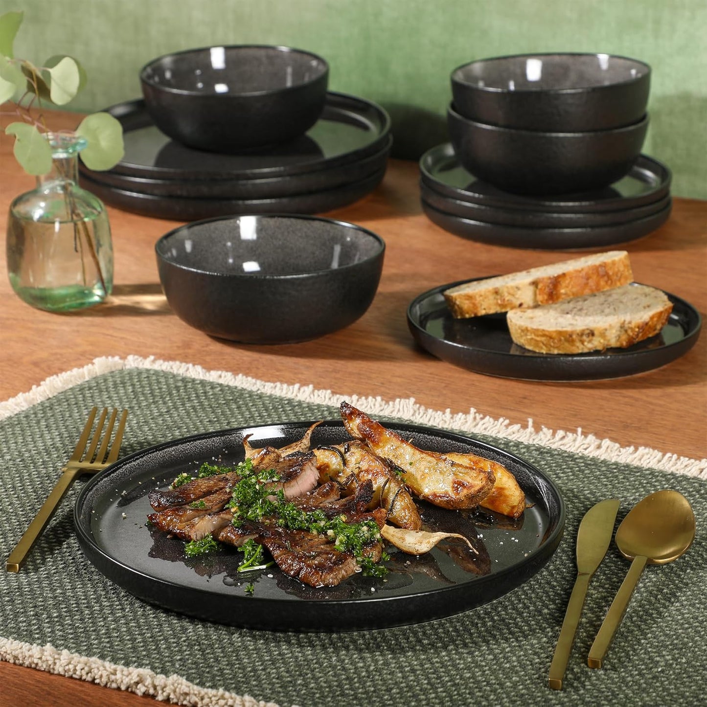 Gibson Elite Tahoe Sunset 12 Piece Stoneware Reactive Glaze (Service for 4) Ceramic Plates and Bowls Dinnerware Set - Black