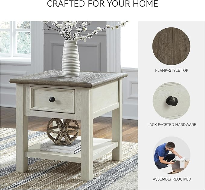 Signature Design by Ashley Bolanburg Farmhouse Rectangular End Table, Plank Style Top, Drawer, Wood, 24" W x 27" D x 25" H, 2-tone Finish, Antique Cream