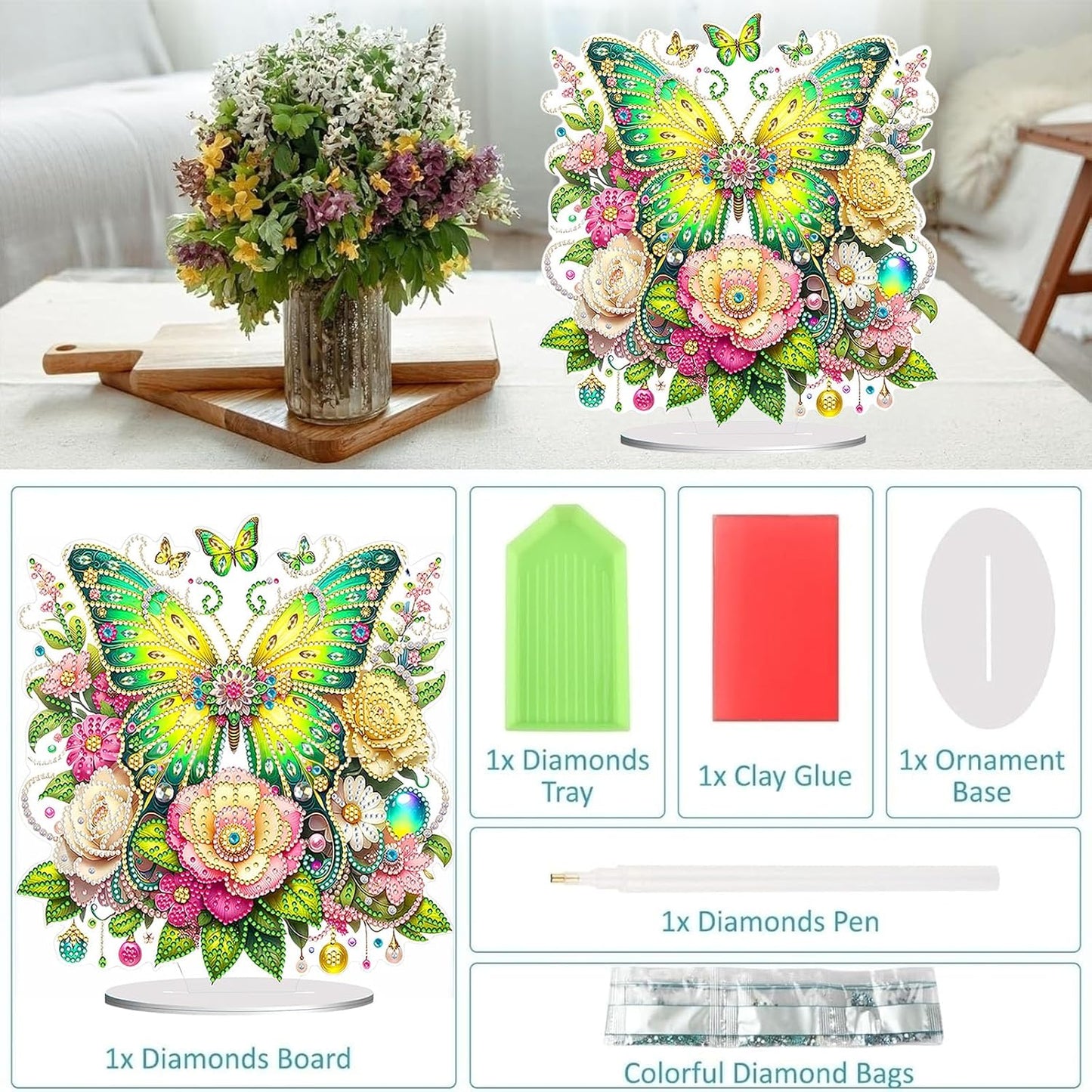 Diamond Painting Kits for Adults Beginners, 5D Full Drill Flowers and Butterfly Crystal Art Desktop Ornament, DIY Single Sided Home Office Desk Decor, Creative Craft Gift Set with Tools