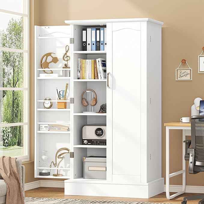 47” Pantry Cabinet, Kitchen Pantry Storage Cabinet with Doors and Adjustable Shelves,Freestanding Buffet Cupboards Sideboard for Living Room and Dinning Room (White)
