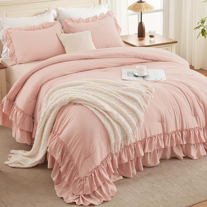 Andency Blush Twin Size Comforter Set(66x90Inch), 2 Pieces Farmhouse Shabby Chic Ruffle Comforter Set for Kids, Lightweight Fluffy All Season Soft Microfiber Bedding Set