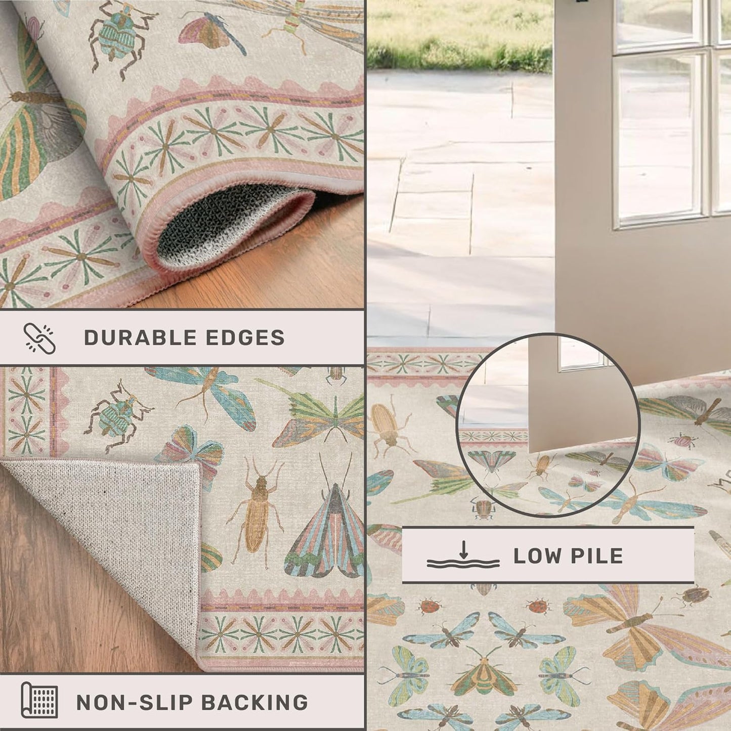 Washable 5x8 Light Pink Rug for Bedroom - Pink Boho Girl Nursery Rug, Living Room, Nature Insect Bug Print Home Decor