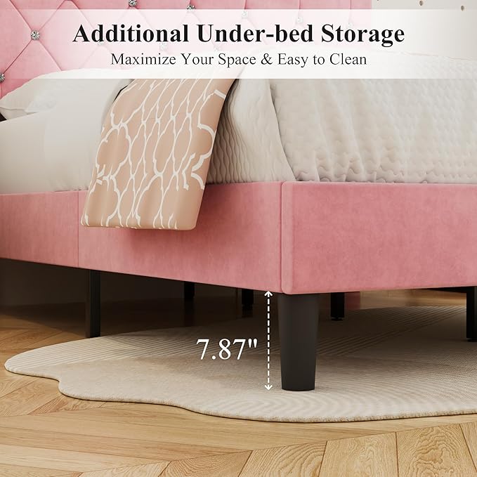 VECELO Full Size Bed Frame with Diamond Tufted Headboard, Upholstered Platform Bedframe with Wood Slat Support, No Box Spring Needed, Mauve Pink
