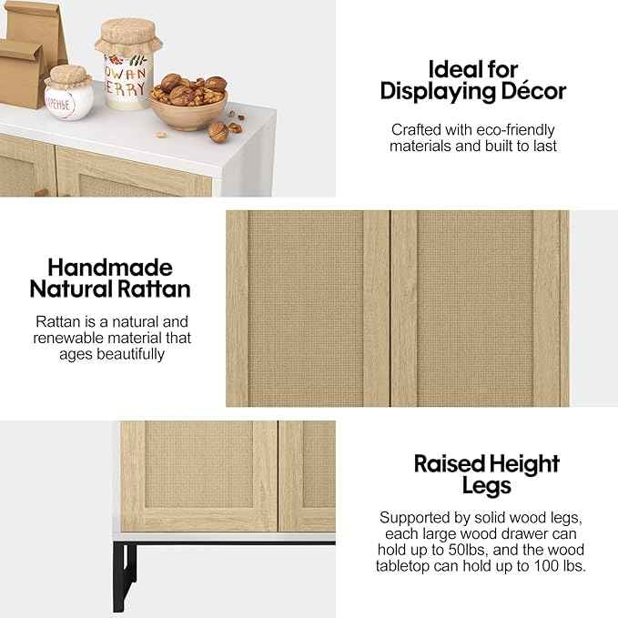 Panana Rattan Decorated 2 Doors Storage Cabinet Accent Cabinet Living Room Cupboard Kitchen Sideboard Buffet Table (White)