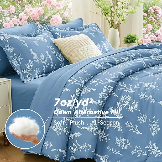 MUXHOMO Ice Blue Bed in a Bag Queen 7 Pieces, Queen Comforter Set Reversible Botanical Flowers Design, Ultra Soft & Breathable Bedding Sets with Comforter, Sheets, Pillowcases & Shams