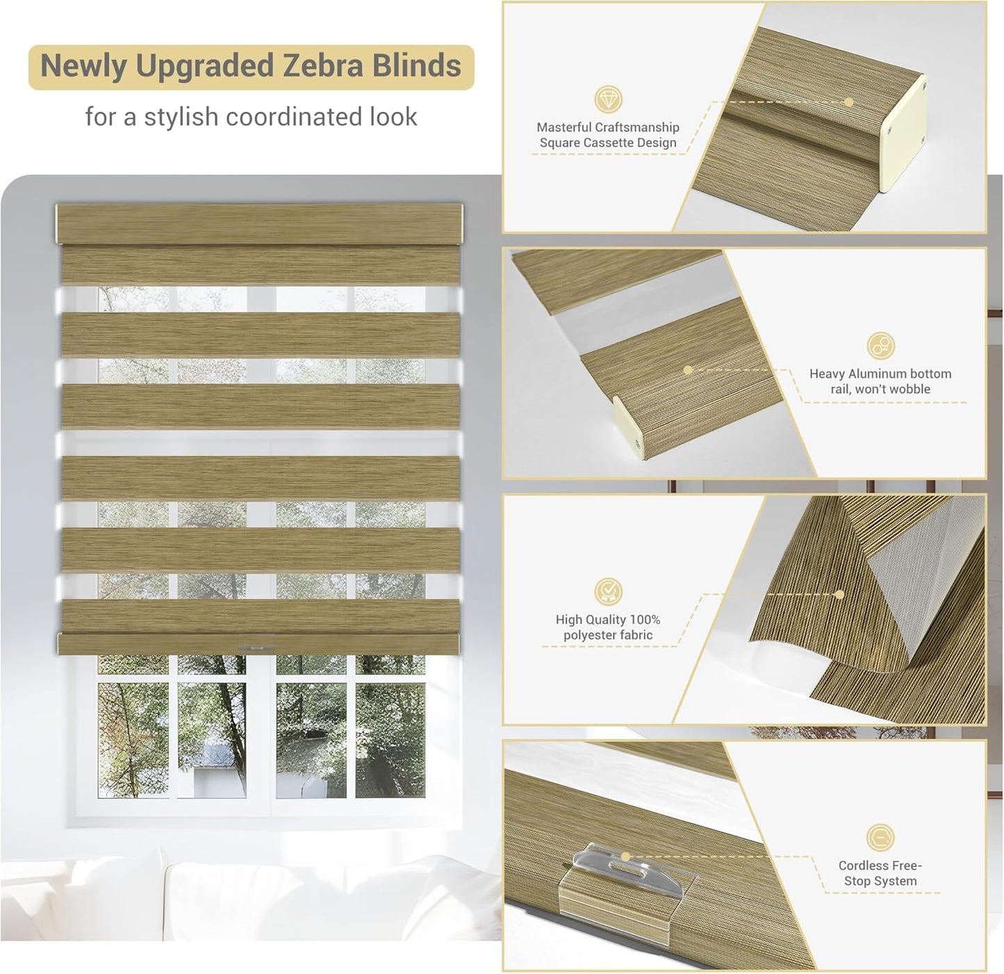 Cordless Zebra Blinds for Windows, Blackout Interior Blinds,Easy to Install,UV Protection,for Offices and Home,Custom Roller Shades, Mousse Light Bown,37" W x 88" H