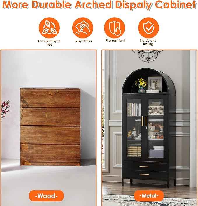 73'' Black Tall Arched Bookcase Cabinet with Glass Doors, Metal Arched Pantry Cabinet with 2 Drawers for Home Kitchen Office,Required Assembly