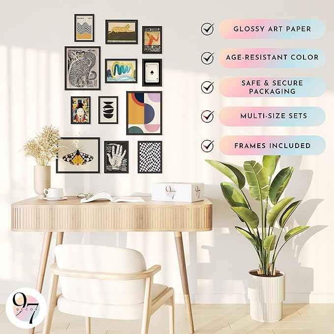 97 Decor Eclectic Wall Art Framed - Modern Maximalist Wall Decor, Unique Colorful Prints For Wall Decorations Aesthetic Pictures, Retro Framed Gallery Wall Art Set Artsy Room Posters For Home Bedroom (BLACK FRAME)