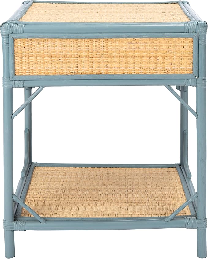 SAFAVIEH Home Collection – Roya Blue Grey & Natural Nightstand with Drawer & Shelf, Coastal Accent Table, Bamboo-Style Frame & Rattan Drawer (NST4005B)