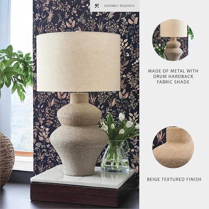 Signature Design by Ashley Jossleigh Bohemian Table Lamp with 3-Way Switch and Drum Shade, Beige