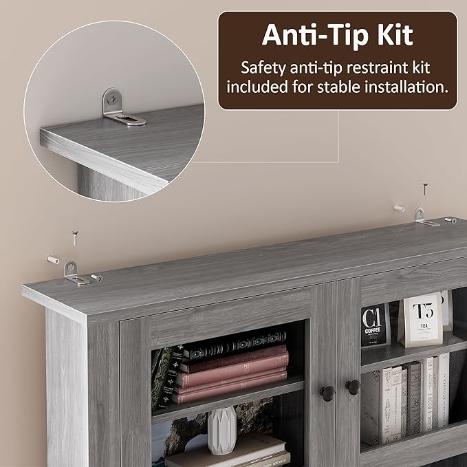 IDEALHOUSE 63" Kitchen Pantry Cabinet with Drawers, Hutch Cabinet with Storage, Microwave Stand, Adjustable Shelves, Freestanding Tall Pantry Storage for Dining Room, Living Room, Grey