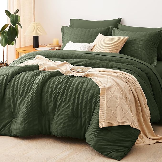 CozyLux Oversized Queen Comforter Set Olive Green Seersucker 7 Pieces Bed in a Bag Queen Comforter Set with Sheets, Luxury Soft Bedding Set with Down Alternative Comforter, Sheets, Pillowcases & Shams
