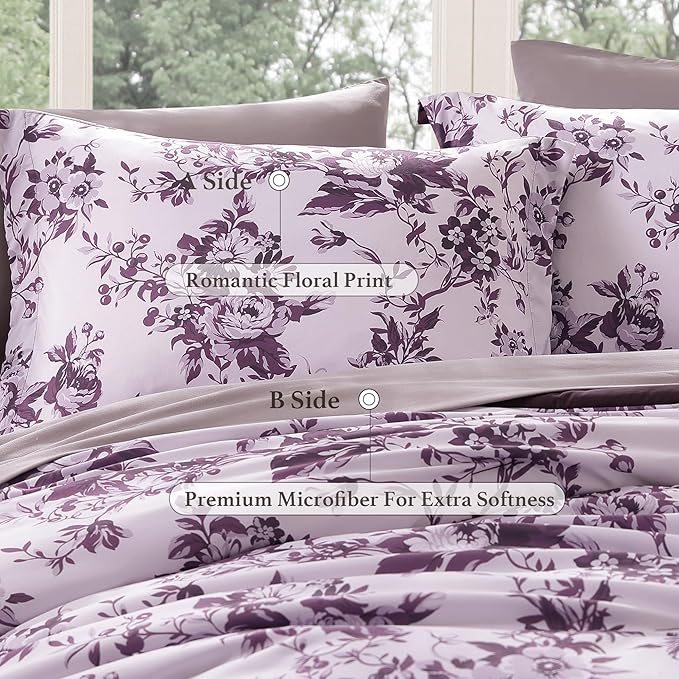 Twin XL Comforter Set -5 Pieces Floral Deep Purple Bedding Set for All Seasons, Bed in a Bag with Botanical Flowers Comforter, Sheets, Pillowcase & Sham