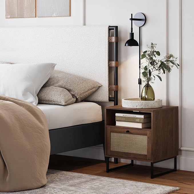 Nathan James Mina Boho Nightstand, Small Nightstand, Rattan End Table with Storage, Walnut Side Table with Rattan Accent