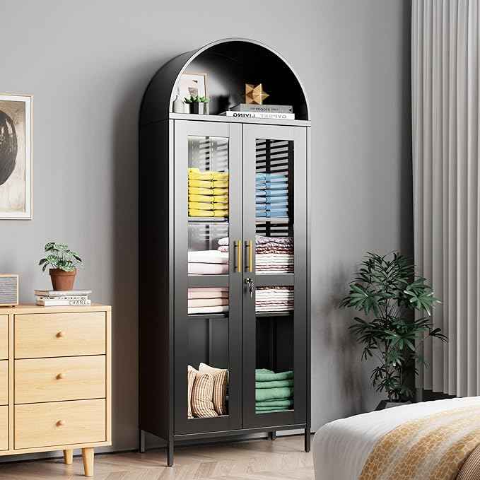 Metal Arched Display Cabinet with 3 Lights,Lockable Arch Cabinet with Glass Doors and 2 Adjustable Shelf for Home Office,Assembly Required,Black