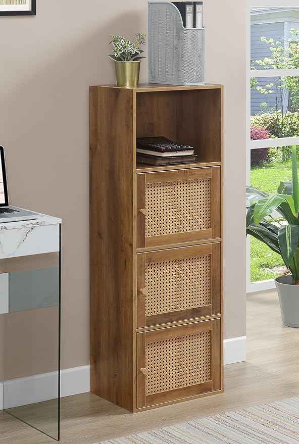 Convenience Concepts Xtra Storage Boho Weave 3 Door Cabinet 16.5" - Modern Rattan Organizer with Shelf for Living Room, Bathroom, Office, Home Library, Closet, Brown Autumn Haze/Beige Barley