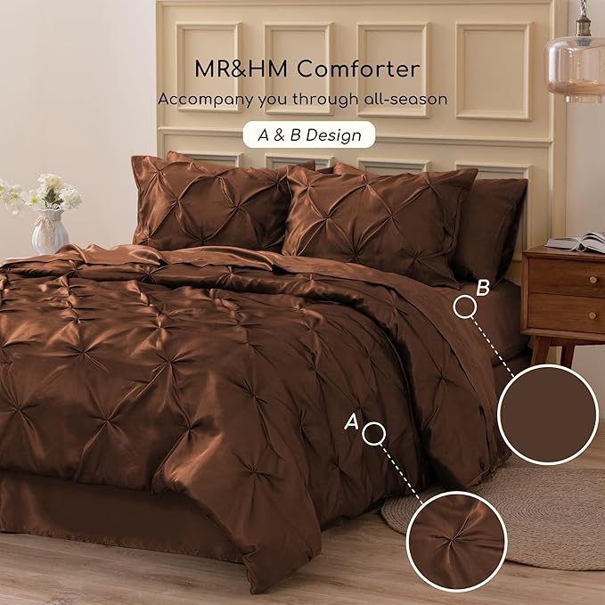 MR&HM Satin Comforter Full 7 Pieces - Luxurious Pinch Pleat Bedding Set with Comforter, Flat Sheet, Fitted Sheet, Pillowcases & Shams, Super Silky Soft Bed Set for All Season (Full, Brown)