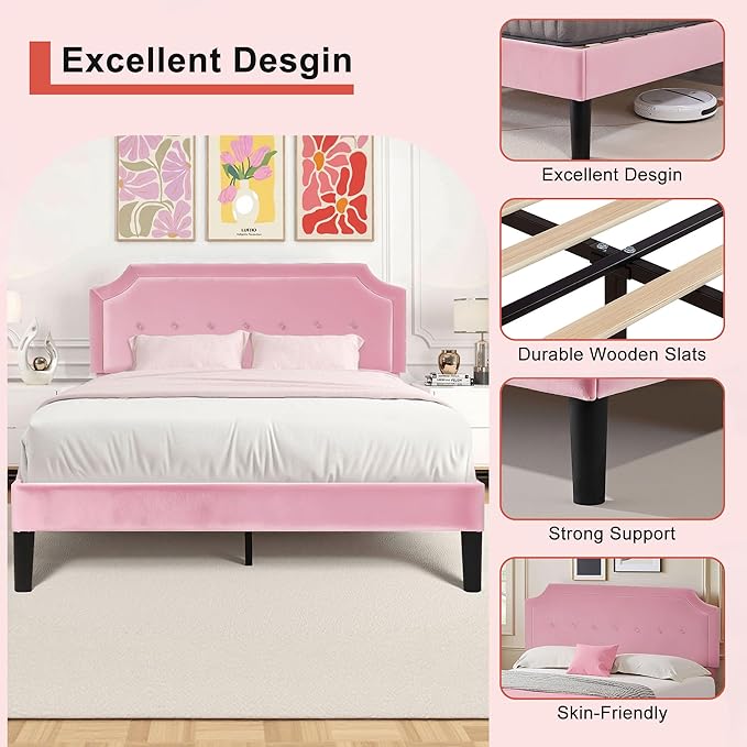 VECELO Queen Size Bed Frame with Velvet Upholstered Headboard, Platform Bedframe Mattress Foundation, Sturdy Wooden Slats Support,No Box Spring Needed Noise Free/Easy Assembly,Pink