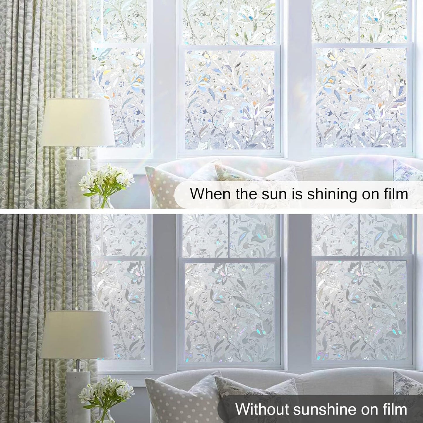 DOWELL Window Privacy Film, 3D Stained Glass Rainbow Films, Decorative Window Vinyl Sun Blocker Door Covering, Static Cling Non-Adhesive Glass Sticker for Home, Blooming Flowers, 17.5"x118.1"
