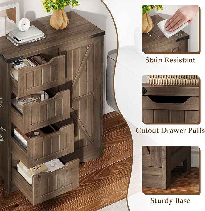 Vabches Farmhouse Bathroom Cabinet, Freestanding Storage Cabinet with 4 Drawers and 1 Door, Rustic Storage Organizer with Adjustable Shelf for Bathroom, Living Room, Entryway, Grey