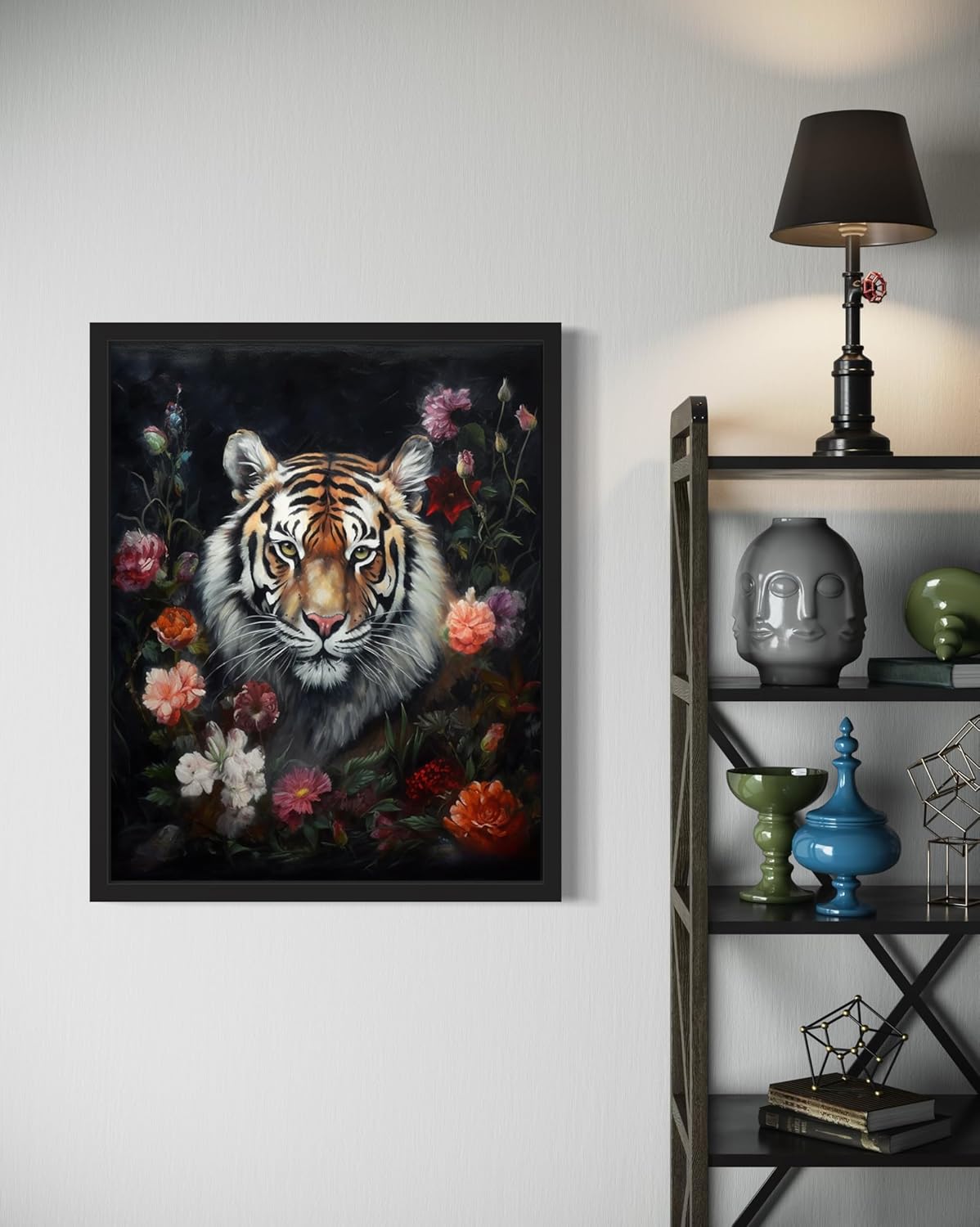 Tiger and Flower Poster Art Print, Halloween Scary Vintage Wall Art Academia Spooky Painting Decoration for Horror Prints, Gothic Posters Bedroom Decor 89 (Tiger and Flower, 11 x 14 inches, Black Frame)