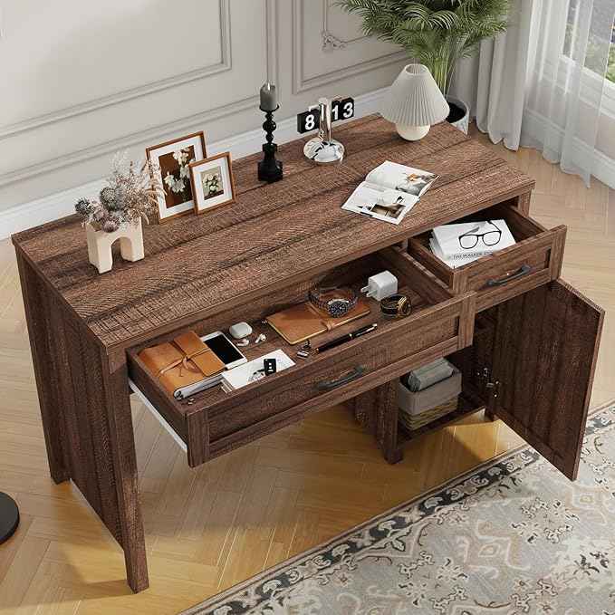 Vabches Farmhouse 47" Executive Desk, Computer Desk with Drawers and Storage Cabinet, Workstation Computer Desk for Home Office, Study.Red-Brown