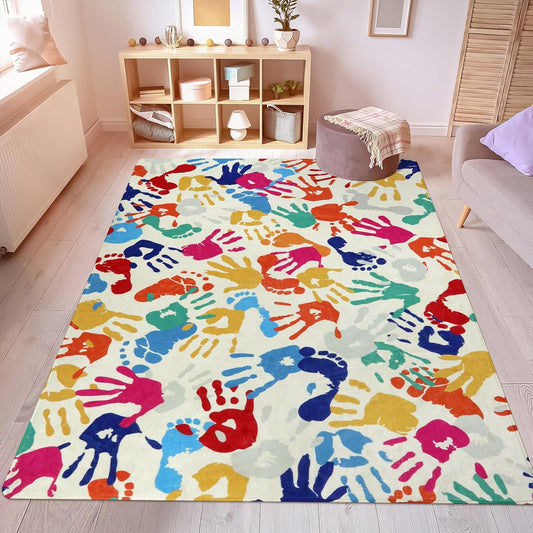 STARUIA Large Kids Rug for Playroom, 8'x10' Handprints and Footprints Colorful Rug for Classroom, Non-Slip Washable Rugs for Nursery, Soft Throw Carpet Indoor Playmat for Kids Room Dorm Bedroom