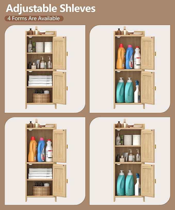 Rattan Small Bathroom Cabinet with 2 Doors, 7.9''D x 11.8''W Narrow Toilet Paper Storage Cabinet, Bathroom Organizer for Small Space, Wooden Slim Corner Unit with Adjustable Shelf, Natural Oak