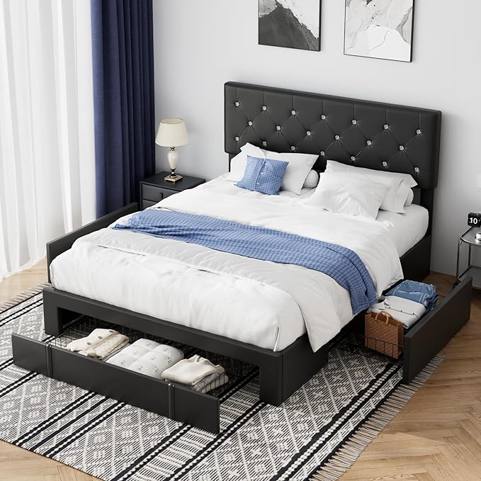VECELO Queen Size Bed Frame with Storage Drawers, Leather Upholstered Bedframe with Diamond Tufted Headboard, Solid Wood Slat Support, No Box Spring Needed, PU Black
