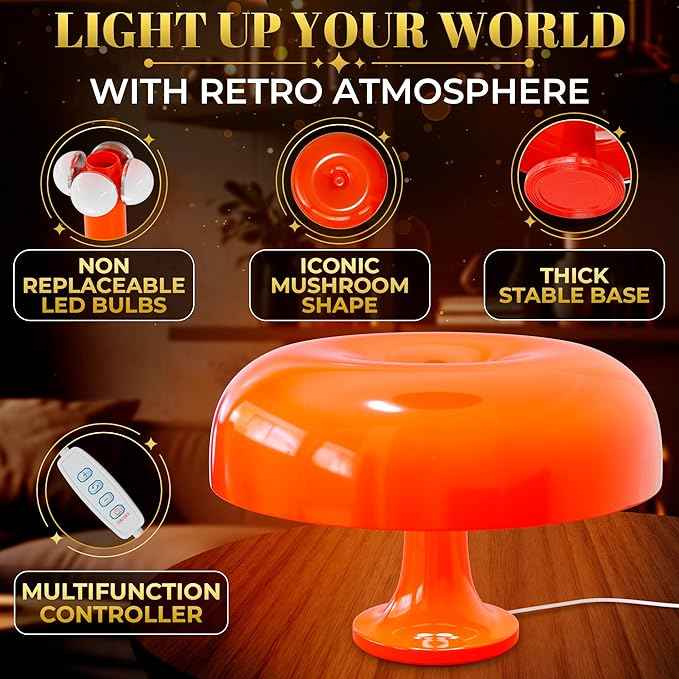 Orange Mushroom Lamp for Bedroom – Aesthetic Vintage Mushroom Lamps with 3 Lighting Colors & 10 Brightness – USB Powered Nightstand Retro Lamp for Reading Room, Office, Dorm | ABS + PVC Build