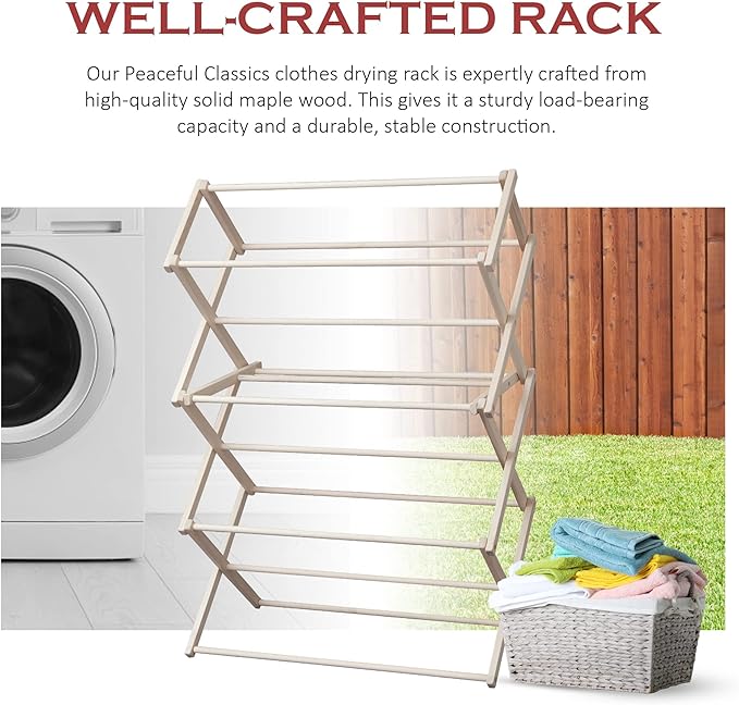 Peaceful Classics Wooden Laundry Rack - Amish Handmade Wooden Clothes Drying Rack - Foldable Drying Rack for Towel, Blanket, Linen Household Essentials - for Indoor Or Outdoor Use (52" x 36" x 16")
