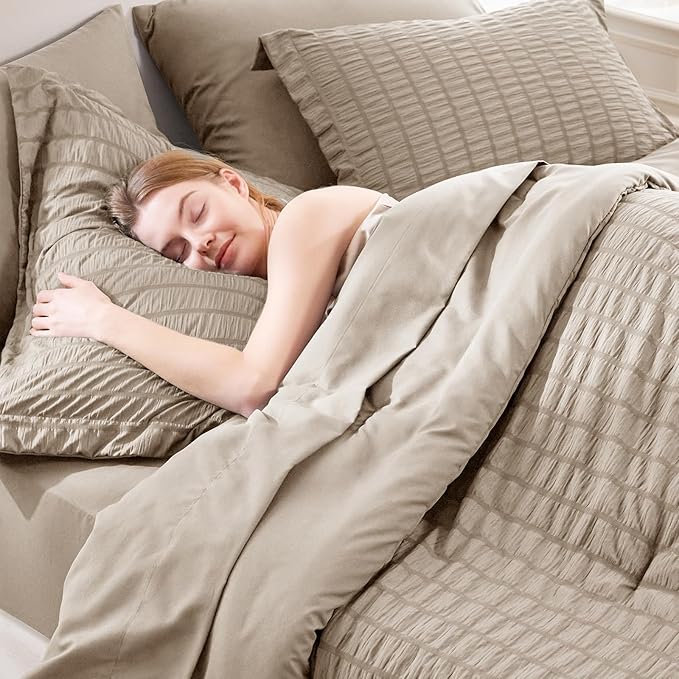 CozyLux Queen Comforter Set Khaki Seersucker 7 Pieces Bed in a Bag Queen Comforter Set with Sheets, Luxury Soft Bedding Set with Down Alternative Comforter, Sheets, Pillowcases & Shams for All Seasons