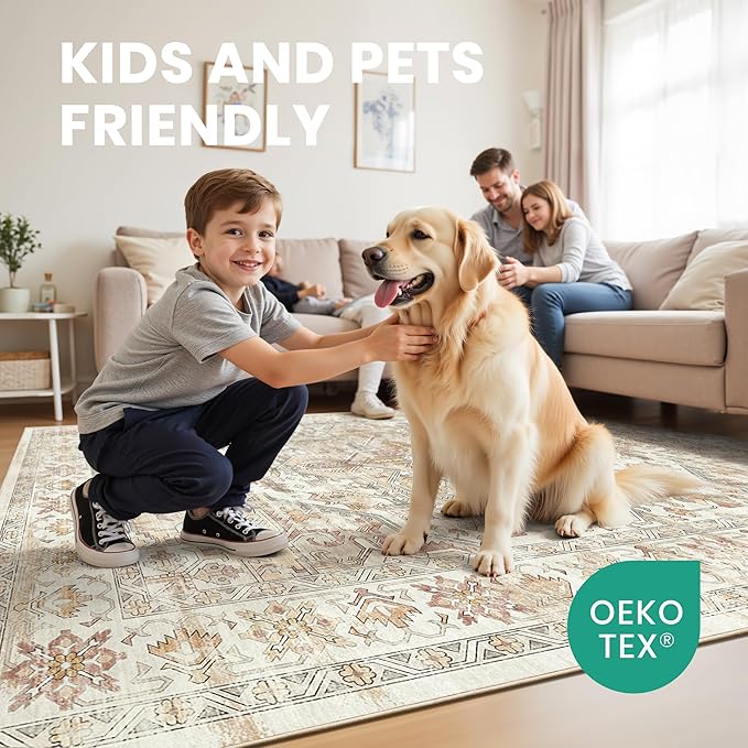 zesthome 9x12 Area Rugs-Washable Rug for Living Room, Non-Slip Backing Rugs, Stain Resistant Rug for Bedroom, Ultra-Thin Low Pile Rugs, Vintage Large Home Decor
