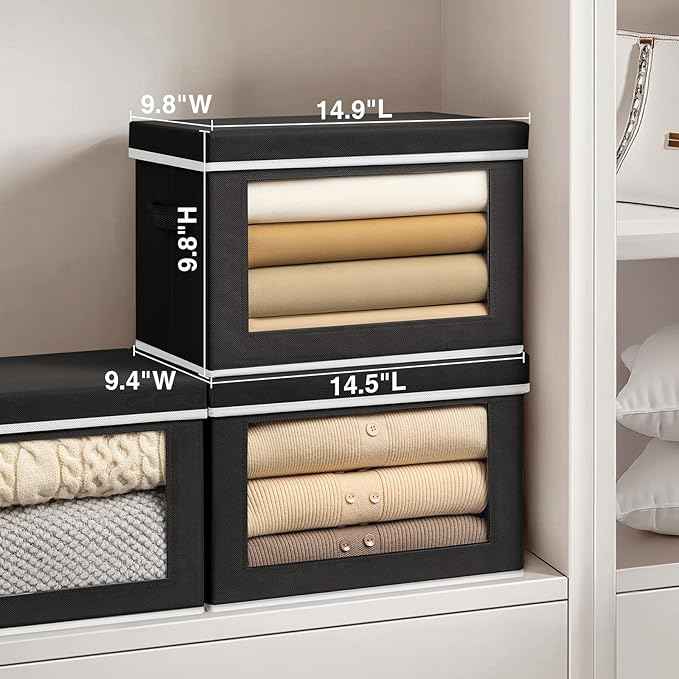 Cube Storage Bins with Lids, Clear Window Storage Baskets for Organizing, Fabric Organizer Bins with Handle, Cloth Storage Bins for Shelves, Closet, Clothes, Towels, 4 Packs, Black