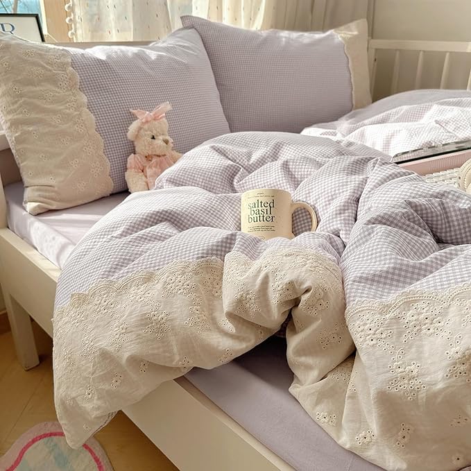 LifeTB Purple Gingham Comforter Set King 3 Pieces Purple Grid Bedding Comforter with Romantic White Lace Fluffy Soft Microfiber Farmhouse Gingham Bedding Set Vintage Plaid Checkered Comforter Set