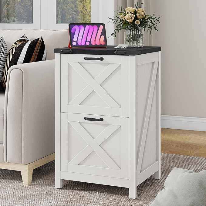 Vabches Vertical File Cabinet with 2 Drawers, Wooden Farmhouse Filing Cabinet for Letter/A4 Size Hanging Files, Under Desk Printer Stand with Storage for Home Office, White and Black