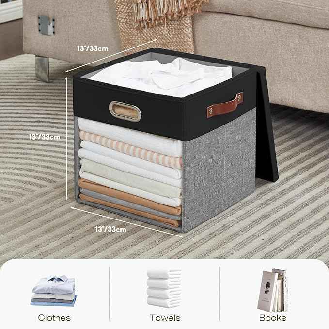 Fabric Storage Cubes with Clear Windows and Lids, 13'' Foldable Storage Bins with 3 Handles, Decorative Storage Boxes for Home, Bedroom, Closet, Office (Black&Gray)