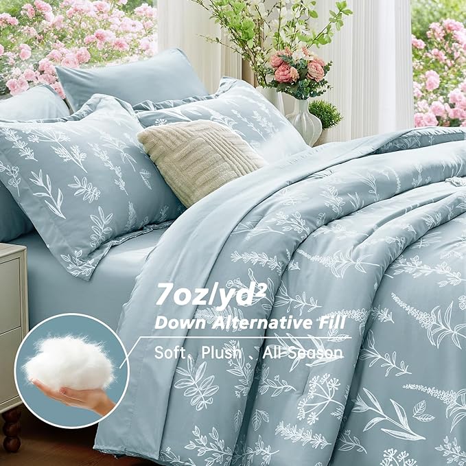 MUXHOMO Mineral Blue Bed in a Bag King 7 Pieces, King Comforter Set Reversible Botanical Flowers Design, Ultra Soft & Breathable Bedding Sets with Comforter, Sheets, Pillowcases & Shams